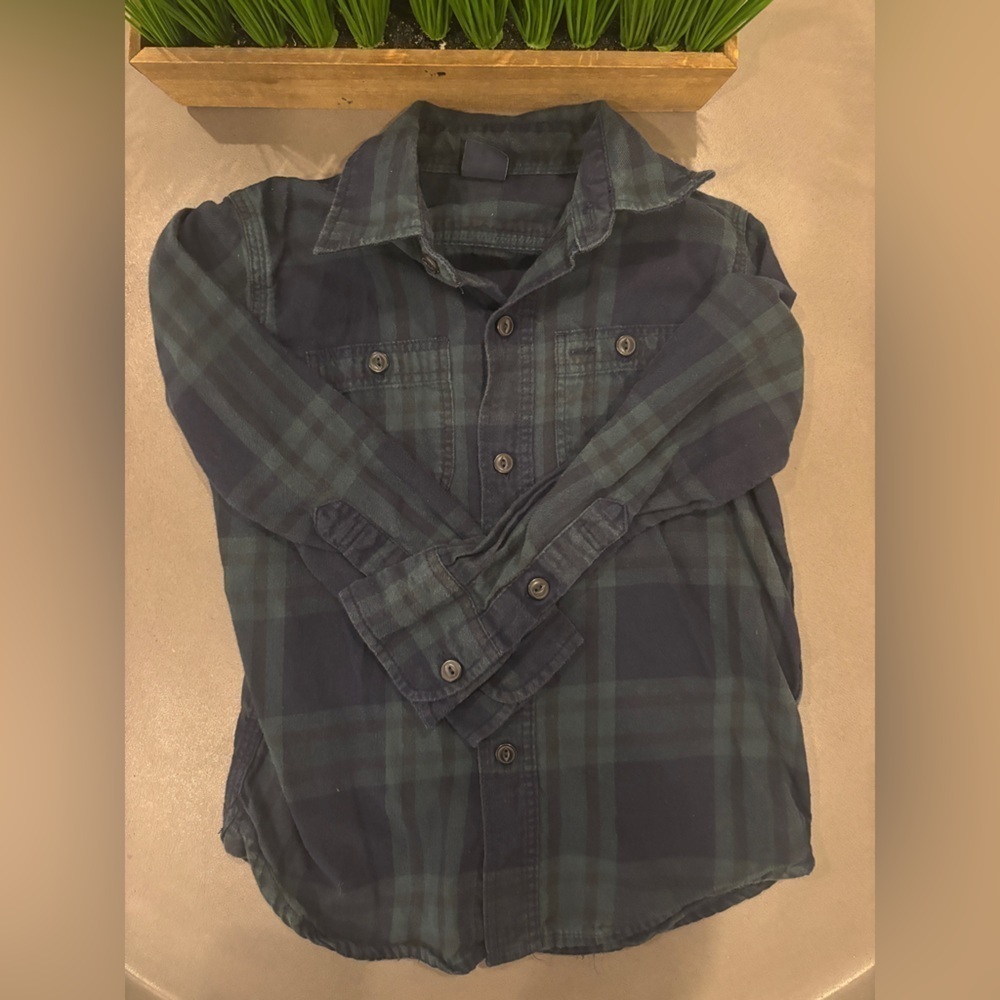 Gap Boys Size 4-5 XS Long Sleeve Green /Blue Plaid Button Down